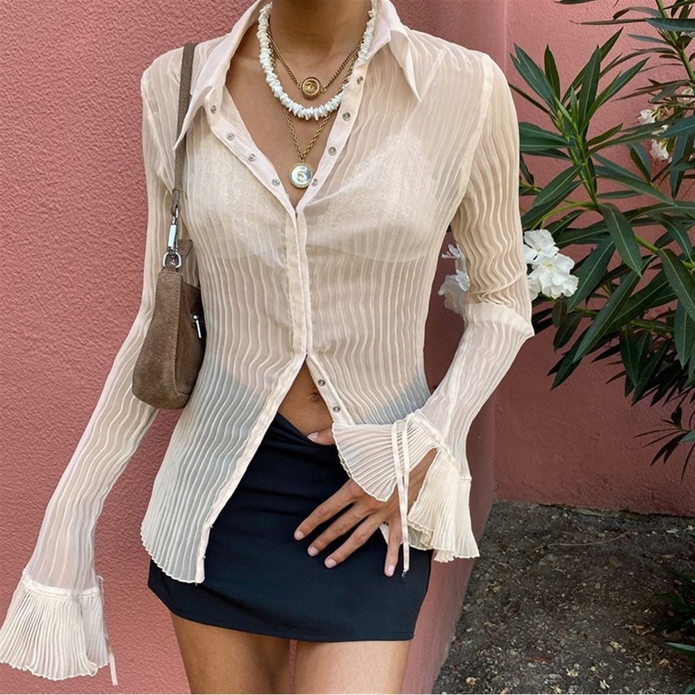 Elegant Cream Sheer Crinkle Blouse